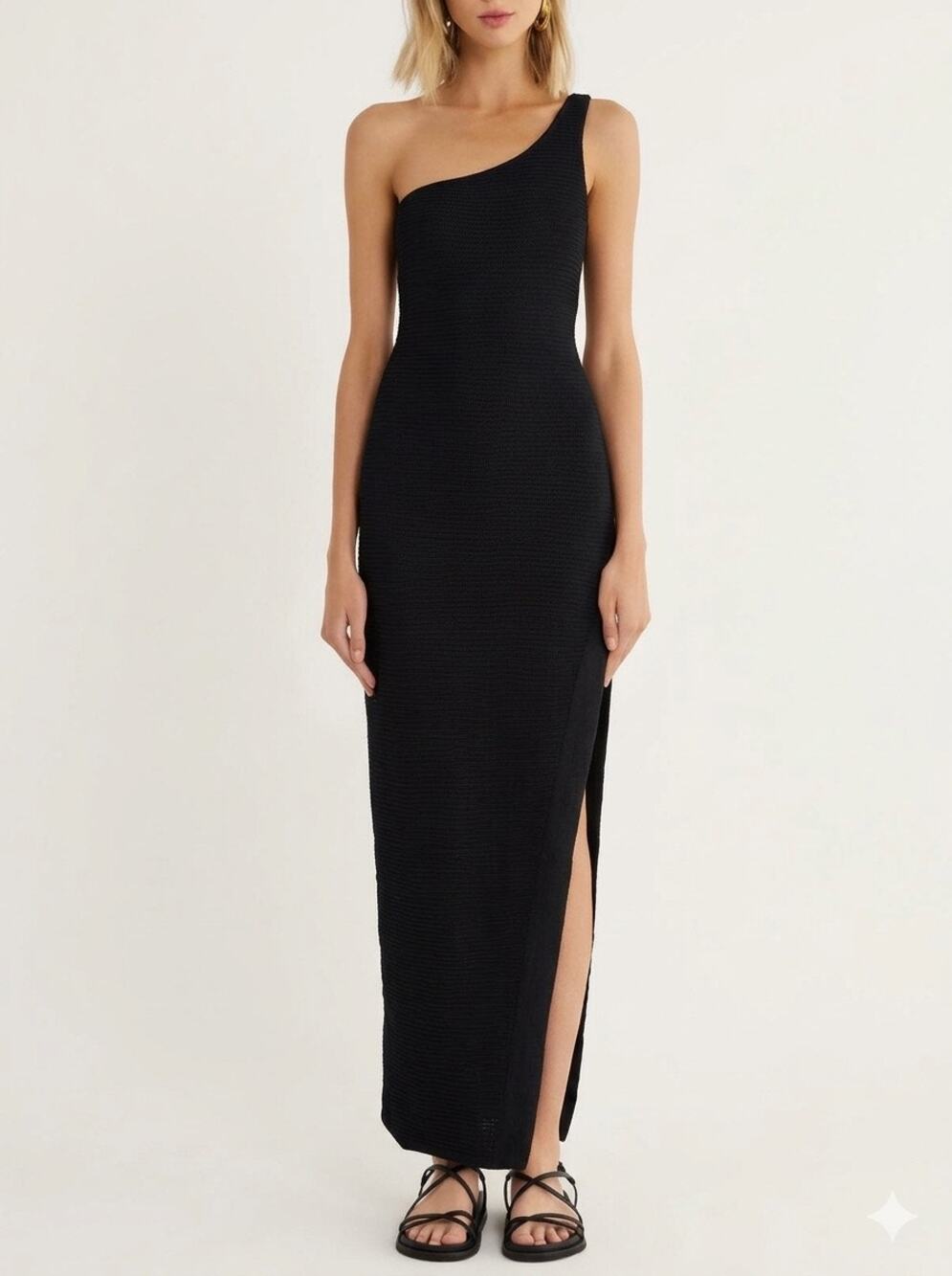 Rumer The Label Maxi Dress One Shoulder Penelope Black Ribbed Stretch